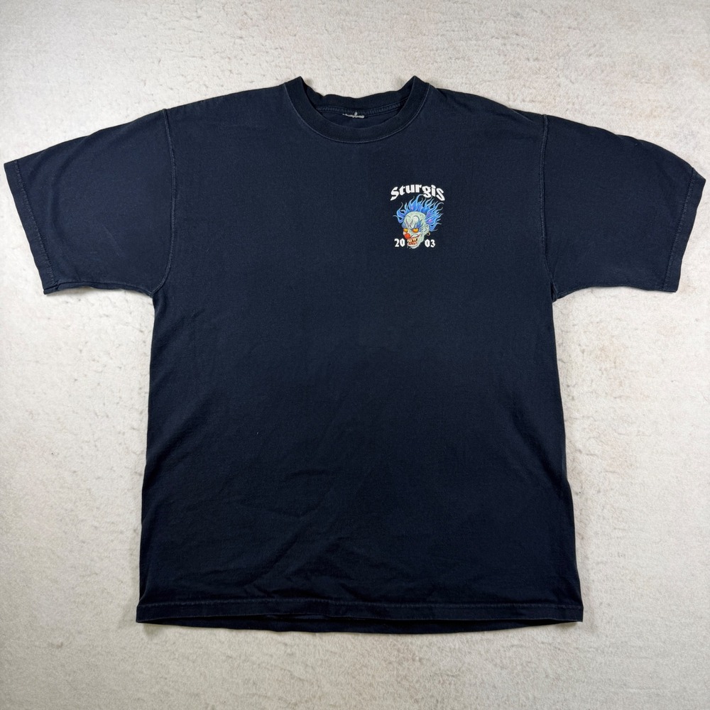 Vintage Sturgis 2003 Motorcycle Rally T-Shirt Black Evil Clown Graphic Mens XL - Picture 2 of 7